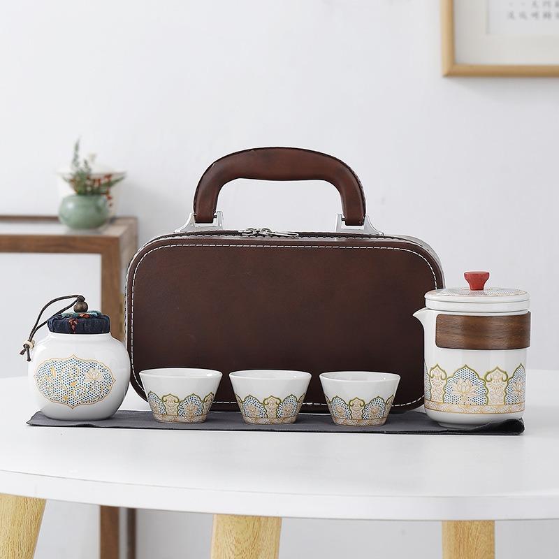 Portable Travel Tea Set, Ceramic Teapot & Cups with Storage Bag for Outdoor & Gift