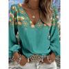 Lady Bohemian Retro Western Style V-Neck Shirt - Lantern Sleeve Top, Suitable for Casual Outfits and Vacation Wear. Regular Fit Without Stretch.