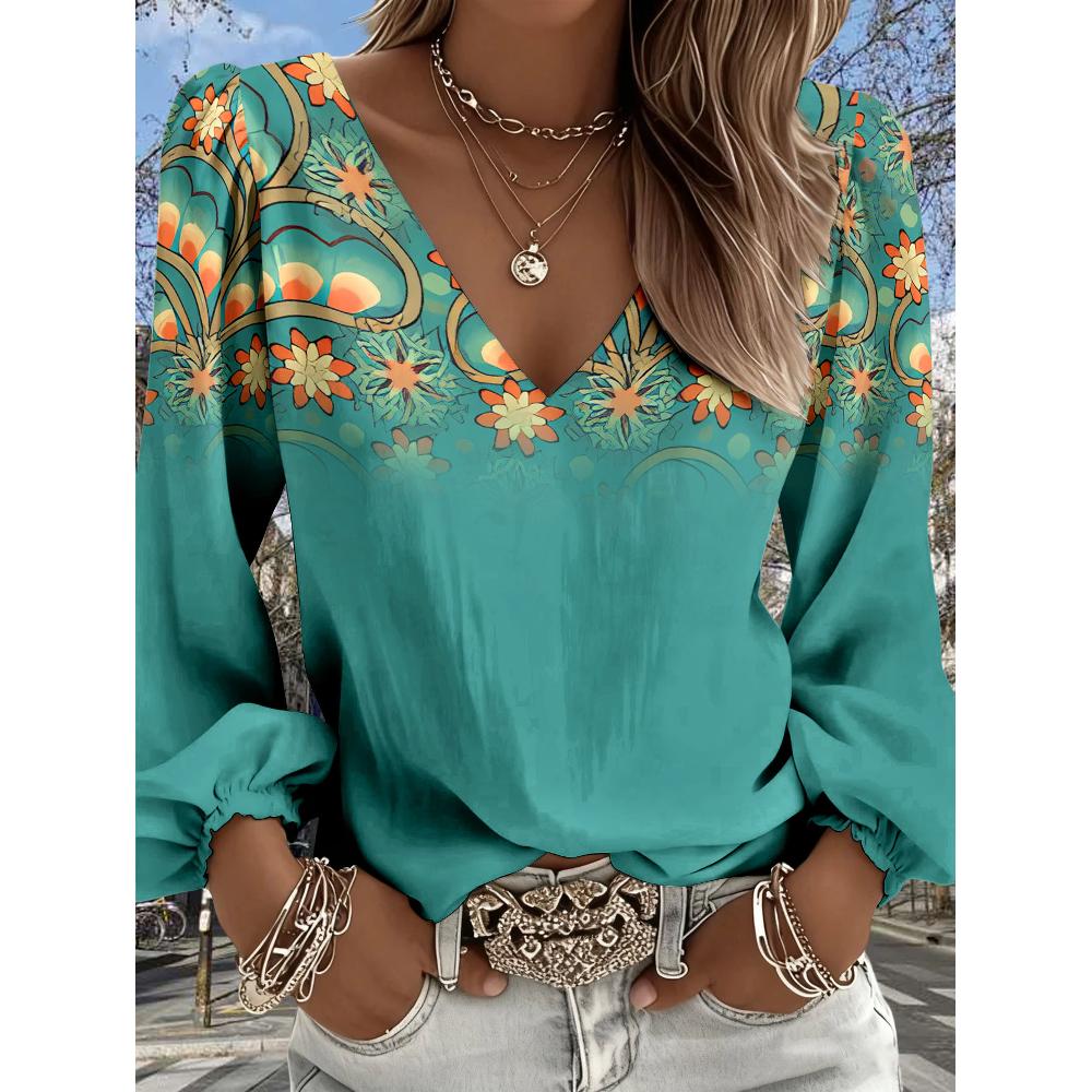 

Lady Bohemian Retro Western Style V-Neck Shirt - Lantern Sleeve Top, suitable for casual outfits and vacation wear. Regular fit without stretch. XXL зелений