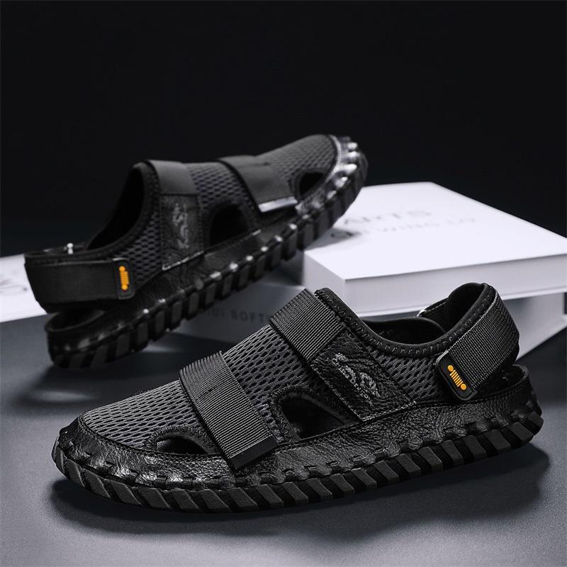 Casual Hiking Shoes Soft Wear-resistant Soles Men's Cowhide Sandals Hollowed Out Men's Mesh Shoes Breathable Versatile Red Brown