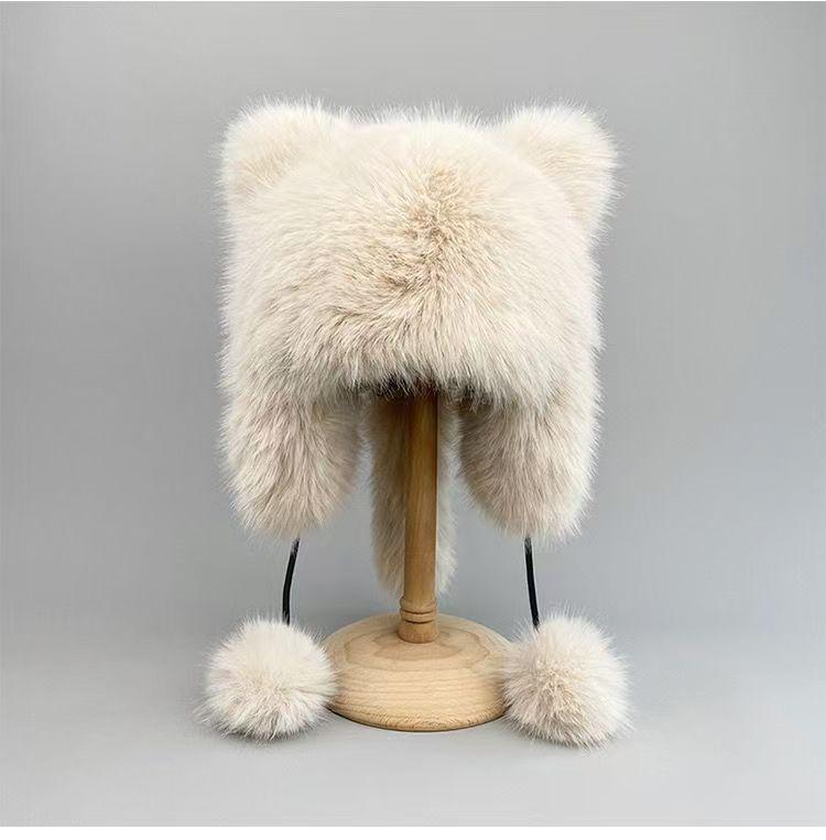 Girls' Winter Furry Lei Feng Hat with Cute Bear Ears and Face-Revealing Design for Northeast China