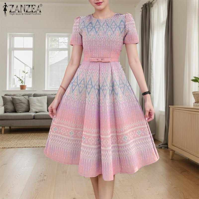 ZANZEA Damen Sommer Casual Rundhals Kurzarm Print Kleid