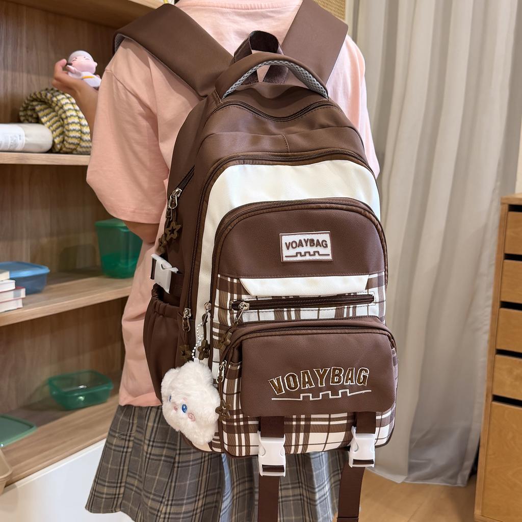 Schoolbag Korean Version Contrasting Color Plaid Backpack Female Student Schoolbag Large Capacity Lightweight Casual Backpack High Value Trend