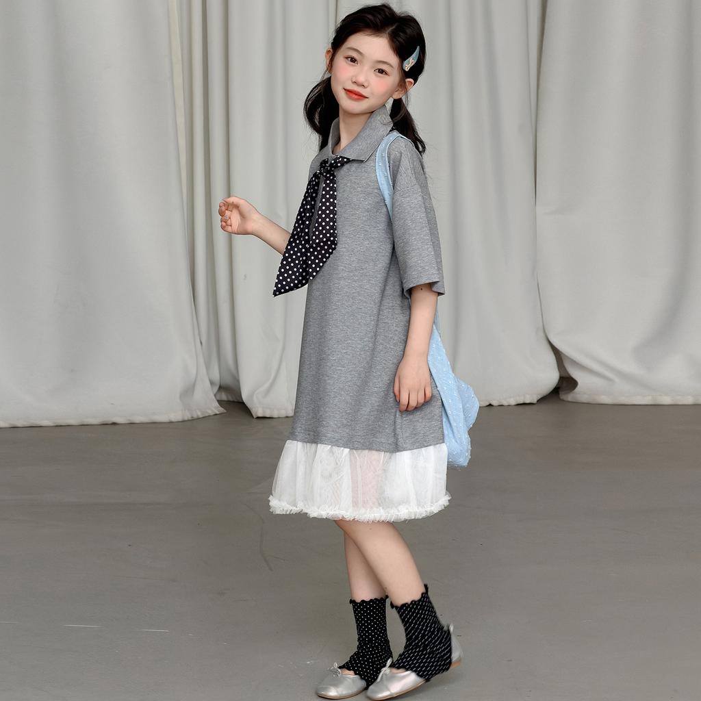Girls' POLO Knitted Dress New Summer Children's Mesh Splicing Fake Two Piece Medium Sized Children