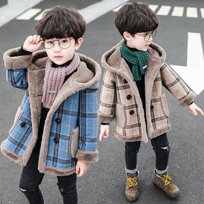 Kinder Jungen Herbst und Winter Warme Plüschjacke Plaid Freizeit Übergröße Kapuzenjacke