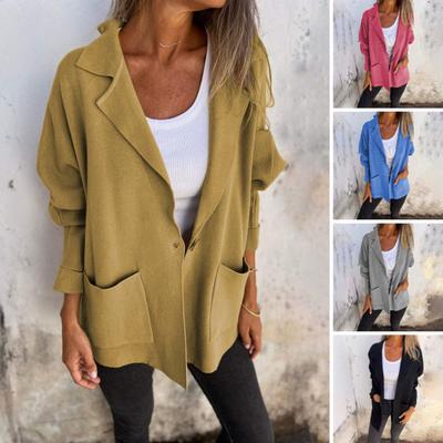 Women Autumn Winter Jacket Lapel Collar Loose Casual Coat with Pocket Single-breasted Solid Color Long Sleeves Top