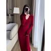 Gentle Red Knitted Dress Autumn and Winter New V-neck Christmas Cross Festive Inner Sweater Skirt