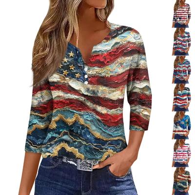 Women's T Shirt Tee Print Button 3/4 Sleeve Daily Weekend Fashion Basic V- Neck Regular Top