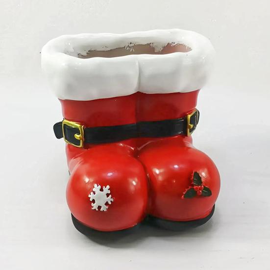 Jultomtens Stövlar Planter Röd och Vit Harts Jultomtens Stövlar Blomkruka med Spänne och Snöflingeaccenter Jul Bordsdekoration för Spiselhylla