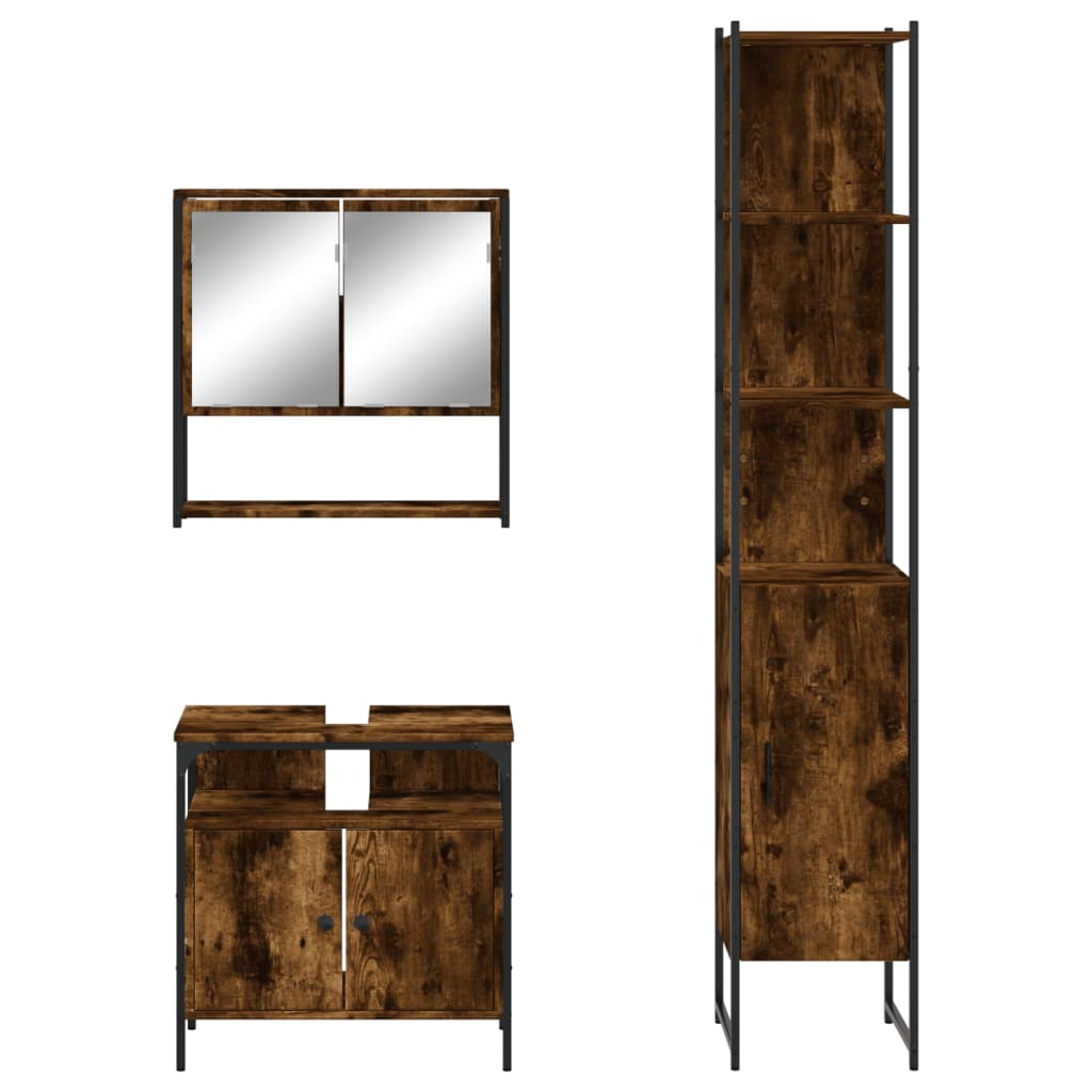 3 Piece Bathroom Furniture Set Smoked Oak Wood Based Material