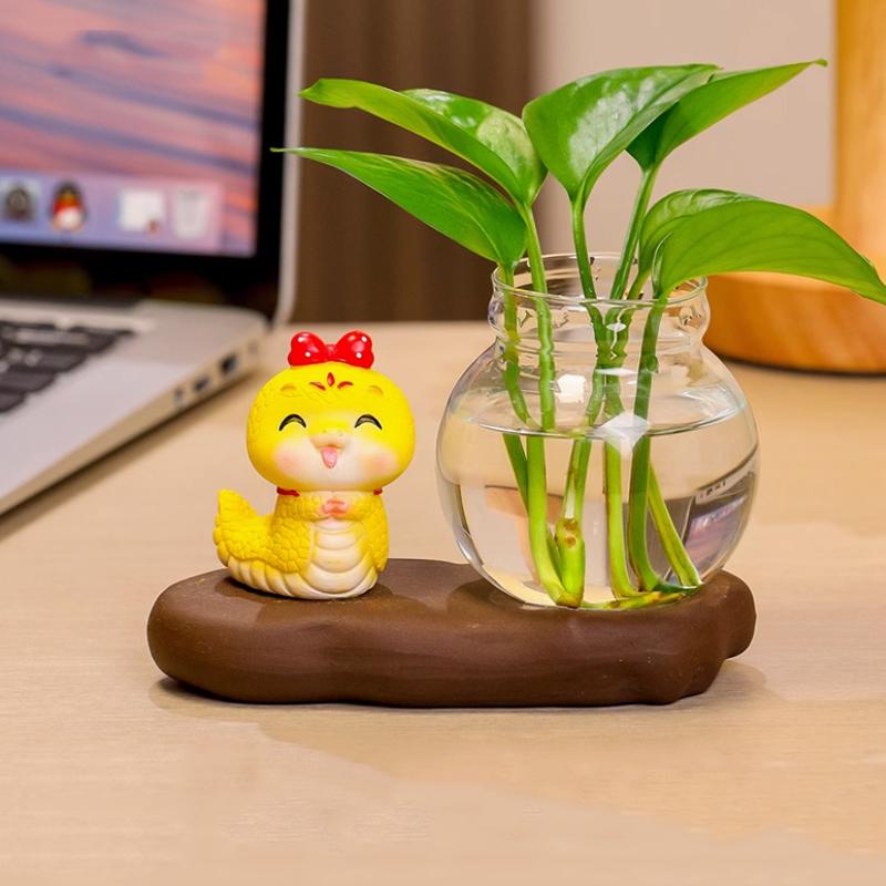 1set Desktop Plant Terrarium For Growing Hydroponic Plants Aquatic Vase Ceramic Base Snake Hydroponic Vase Glass Vase 2 styles