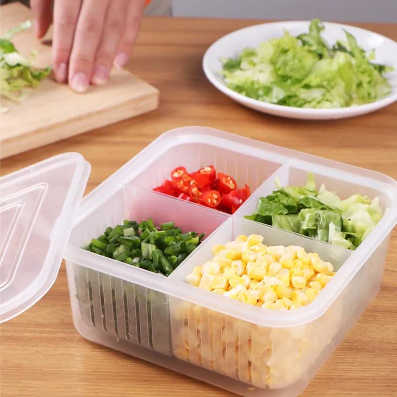 Aufbewahrungsbox mit vier Fächern und Deckel, Kühlschrank-Frischhaltebox, Obst- und Gemüseaufbewahrungsbox, Küchenablauf, multifunktionale Aufbewahrungsboxen