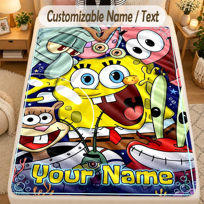 Flannel BlanketSpongeBob Custom Name Text Personalized Soft Warm Throw Blanket Home Decor Gift