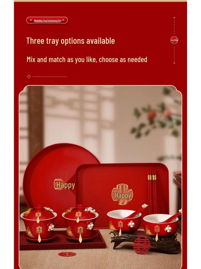 Double Happiness Butterfly Love Teacup Set: Wedding Bowls, Red Tea Set, Chopstick Pair, Dowry Gift