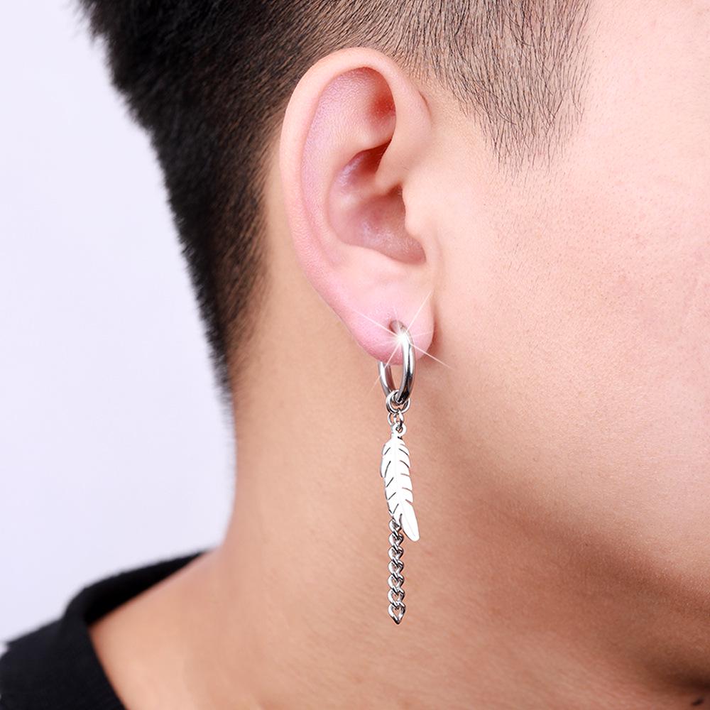 Korean Style Tassel Chain Non-Pierced Titanium Steel Leaf Feather Earrings