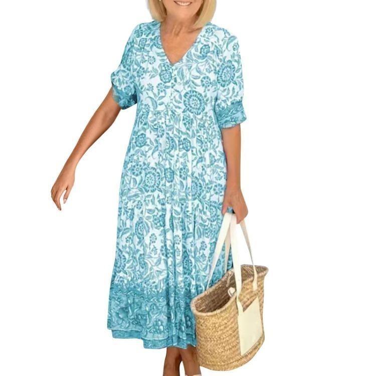 Floral Print Bohemian Maxi Dress Sexy V Neck Beach Party Short Sleeve Flowy Women