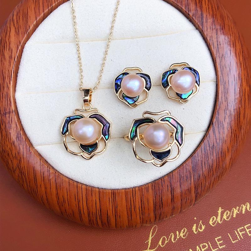 Exquisite Freshwater Pearl & Abalone Shell Jewelry Set: Earring, Ring, Pendant - Camellia Design