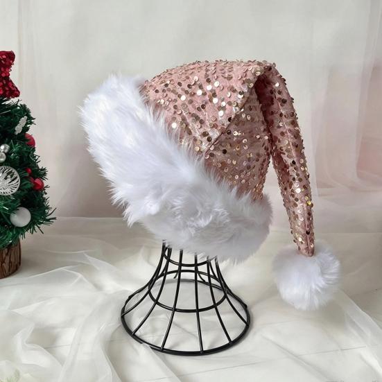 Christmas Decoration for Holiday Events Sparkly Santa Hat Women Men, Glitter Sequin with White Fluffy Trim Gift Friends Family And Pom Pom,
