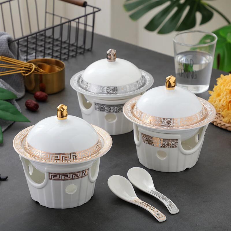 ZISIZ Chinese Style White Enamel Lidded Soup Bowl & Warmer Set