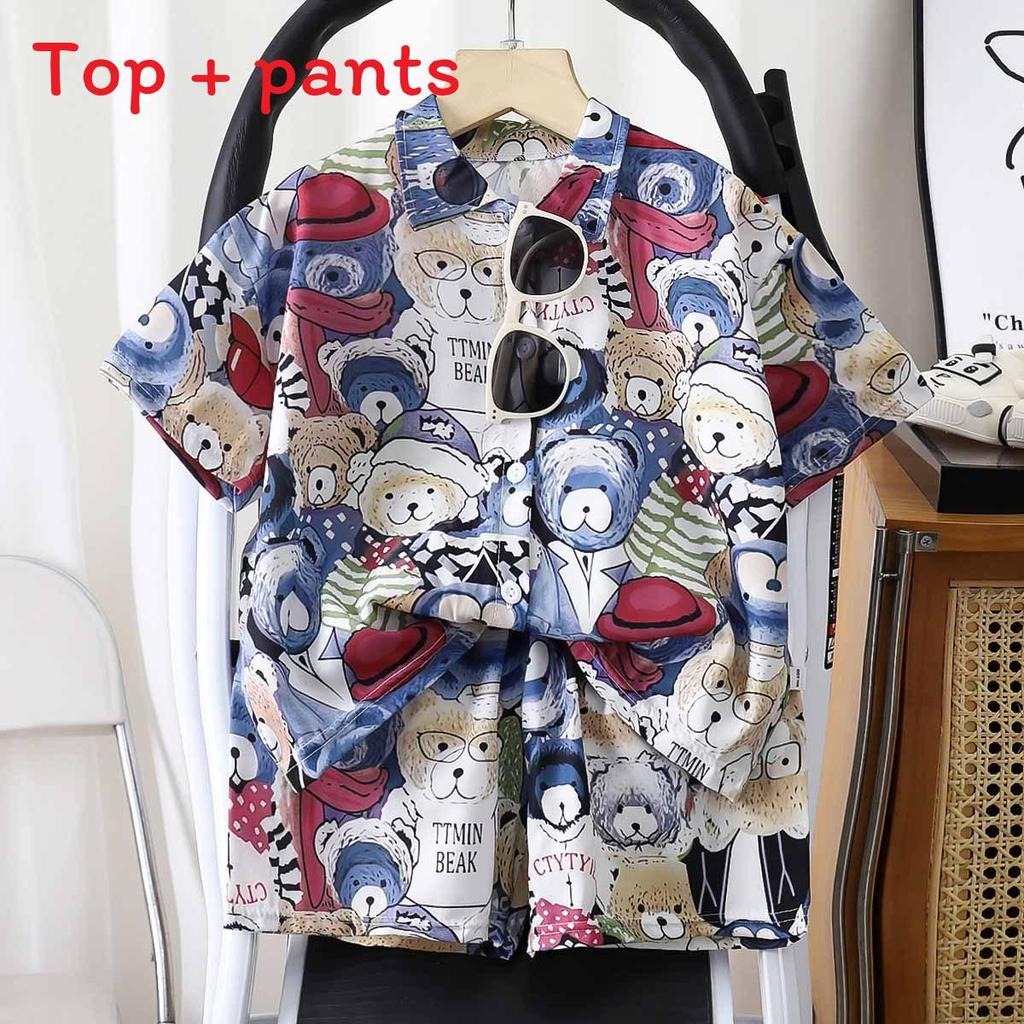 Summer Kids Cotton Blend Floral Shirt Shorts Set For Boys And Girls