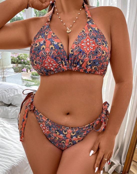 TS JYL-SW224 Printed Triangle Cup Bikini, Lace-Up Curvy Swimwear For Plus Size 2XL