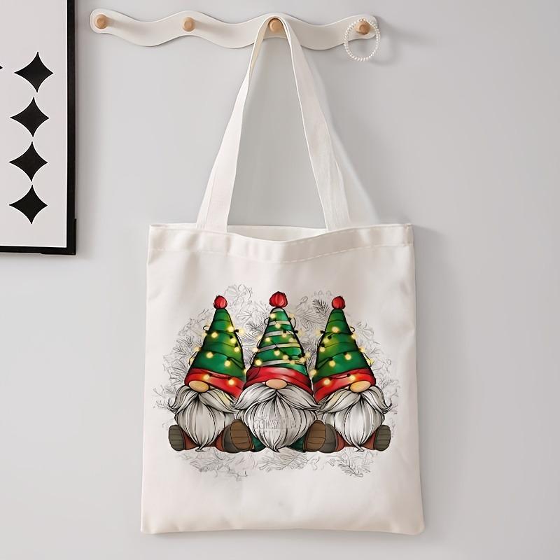 Christmas Gnome and Tree Pattern Tote Bag Casual Shoulder Shopping Bag Reusable Multi-functional Handbag Holiday Gift
