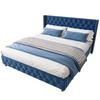 Upholstered Bed 160*200cm with Slatted Frame and Headboard, Button Tufting, Rivet Upholstery, Wooden Legs, Velvet, Blue