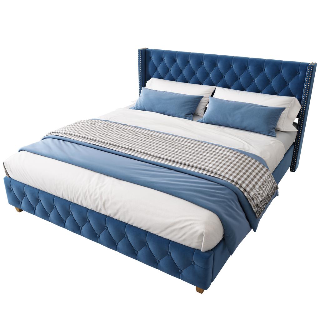 Upholstered Bed 160*200cm with Slatted Frame and Headboard, Button Tufting, Rivet Upholstery, Wooden Legs, Velvet, Blue