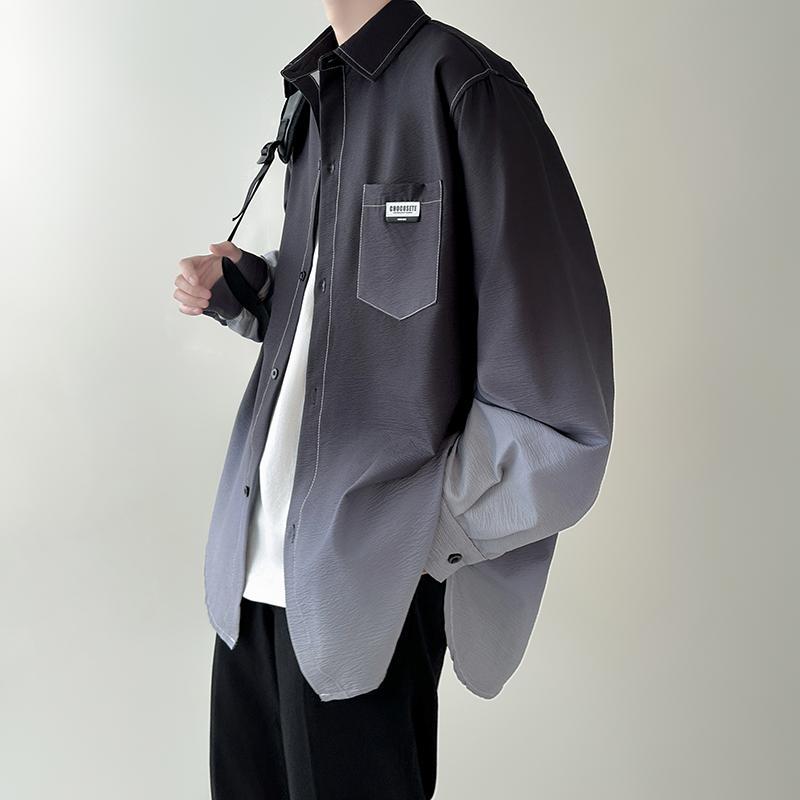 Men's Shirt Gradient Plicated Long Sleeve Shirts Loose Korean Shirt Fashion Casual Oversize Shirt Coat High Quality Clothing