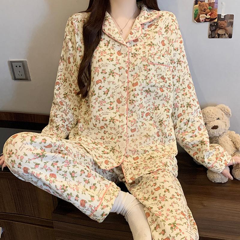 Air cotton pajamas women's autumn and winter long sleeves thickened interlayer warm stars cat student loungewear real shot
