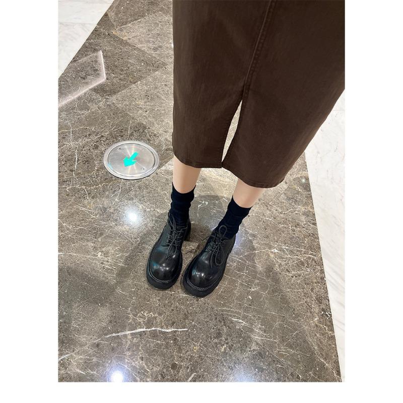 Sheepskin~ Platform Muffin Women's Genuine Leather Retro Thick Heel Lace-up Single Shoes British College Style Small Leather Shoes