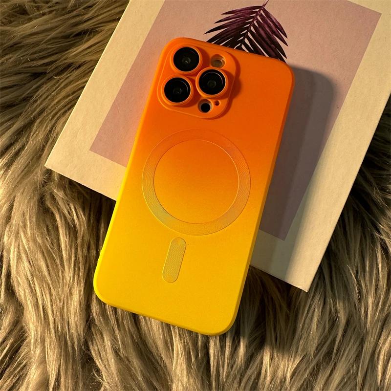 Luxury Magsafe Wireless Charge Matte Case For iPhone 15 14 13 12 11 16 17 Pro Max Plus Soft Magnetic Bumper Gradient Color Cover