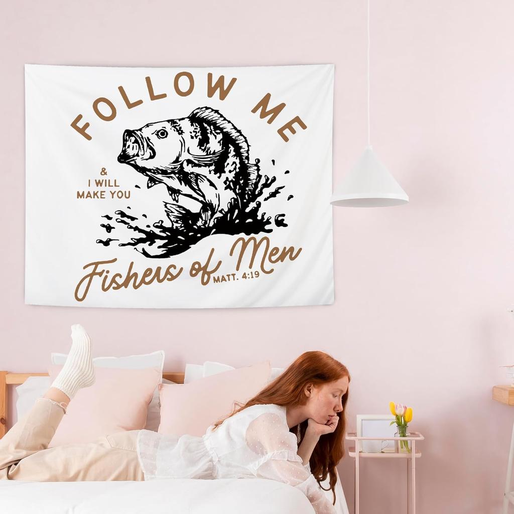 NATSUNO Vintage Christian Tapestry, Retro Bible Verse Fish Wall Tapestry for Home, Religious Scripture Fishers of Men Tapestries Wall Hanging for