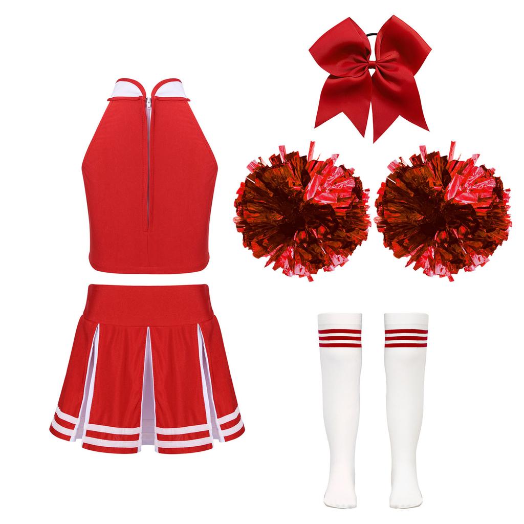 Kids Girls Cheerleading Set Sleeveless Zipper Top Pleated Skirt Bowknot Headwear 2 Hand Flowers Striped Tube Socks for Performance
