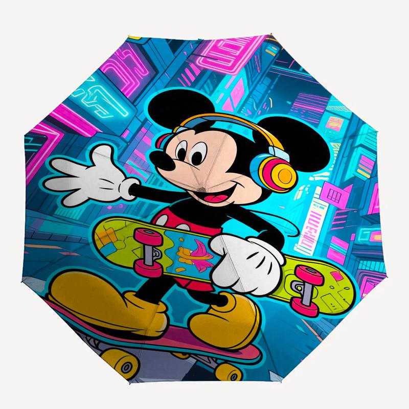 Mickey Mouse, Skateboarder Automatic Opening and Closing Umbrella, Compact Travel Umbrella, Lightweight and Portable, Suitable for Beach Com