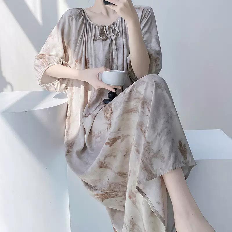 2026 Women's Cotton Silk Nightgown: French Style, Round Neck, Casual, Breathable, Thin V-Neck, Wearable Outdoors