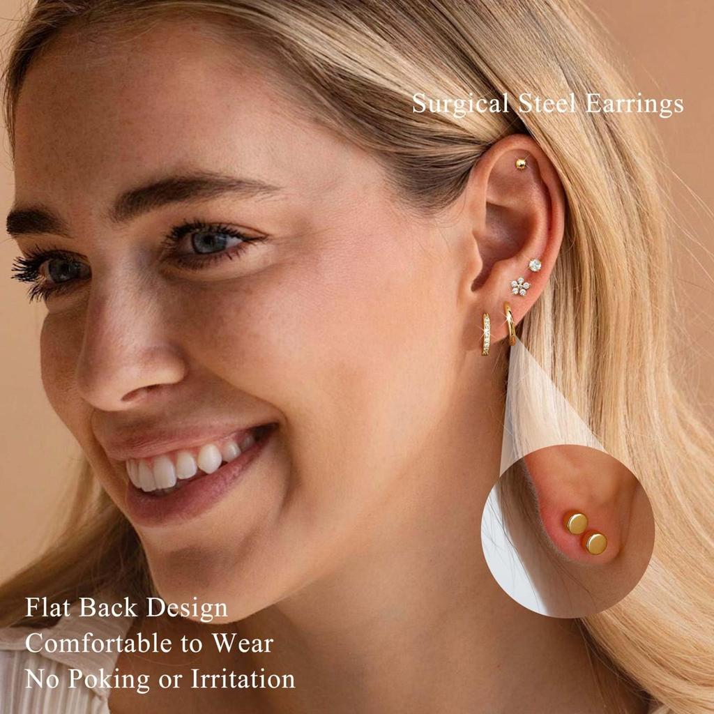 Drperfect 1Pair Flat Back Earrings for Women Surgical Steel Earrings for Sensitive Ears Hoop Stud Cartilage Tragus Piercings