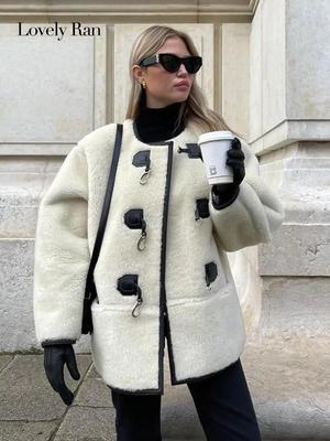 Chaquetas gruesas de piel de invierno para mujer, abrigo elegante de manga larga con un solo botón para mujer, abrigo informal con paneles y cuello redondo