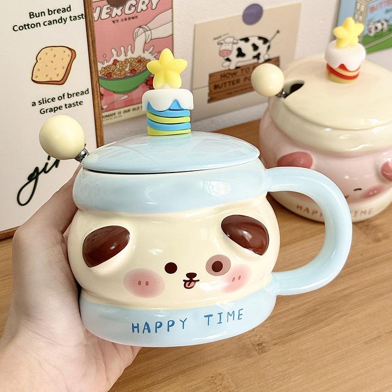 Birthday Gift Ceramic Mug with Lid Spoon Cartoon Water Cup Souvenir Gift Cup Office Home Coffee Cup Women