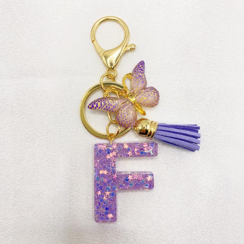 26-Letter Alphabet Resin Keychain with Star Sequins & Tassel Charm