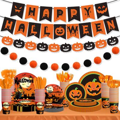 Halloween Ghost Festival Party Decoration Plate Pulling Flag Banner Honeycomb Ball Scarecrow Pumpkin Paper Cup Plate