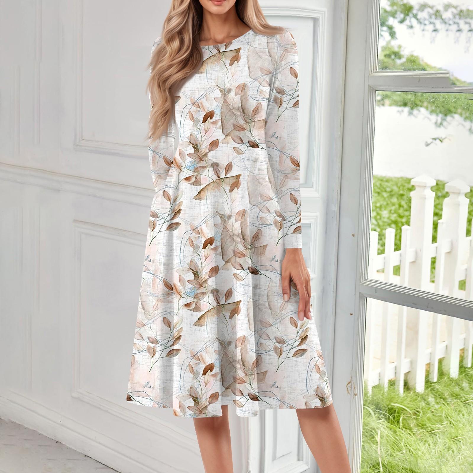 

Женское повседневное модное платье миди с круглым вырезом и длинными рукавами L бежевый