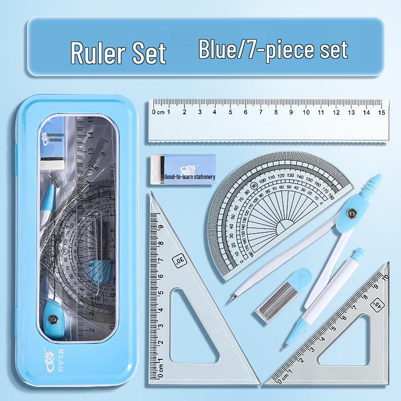 7-Piece Student Exam Ruler Set: Compass, Protractor, Triangle, and Straight Ruler