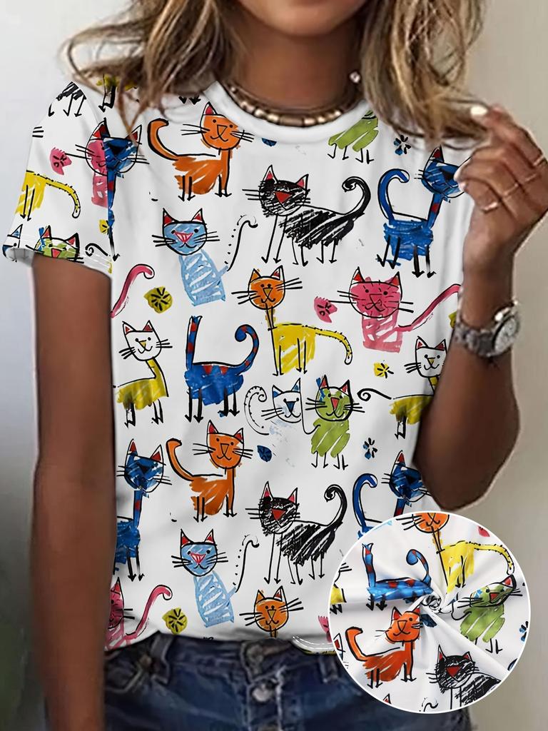 Women's T-shirt Summer Casual Round Neck Short Sleeve 3D Print Floral Pattern Top Loose Casual Wear Ladies T-shirt