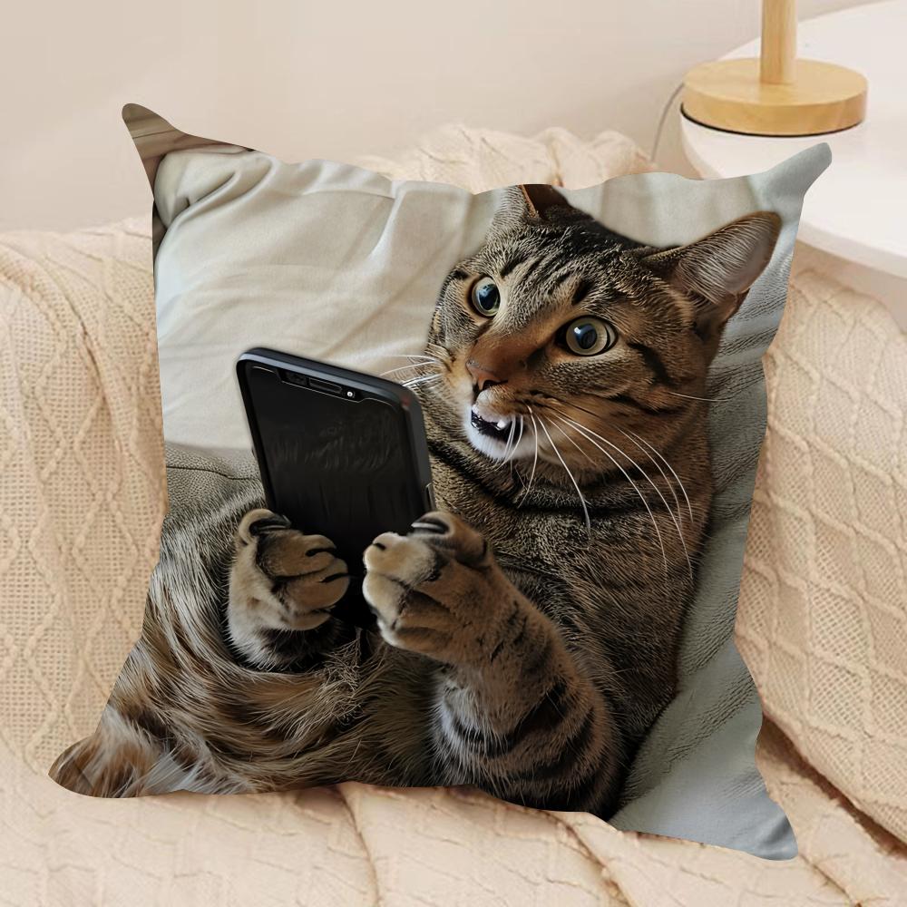 Cute Cat Holding Phone Cushion Cover Silky Short Plush Invisible Zipper Dustproof Sofa Pillow Case For Home Decor