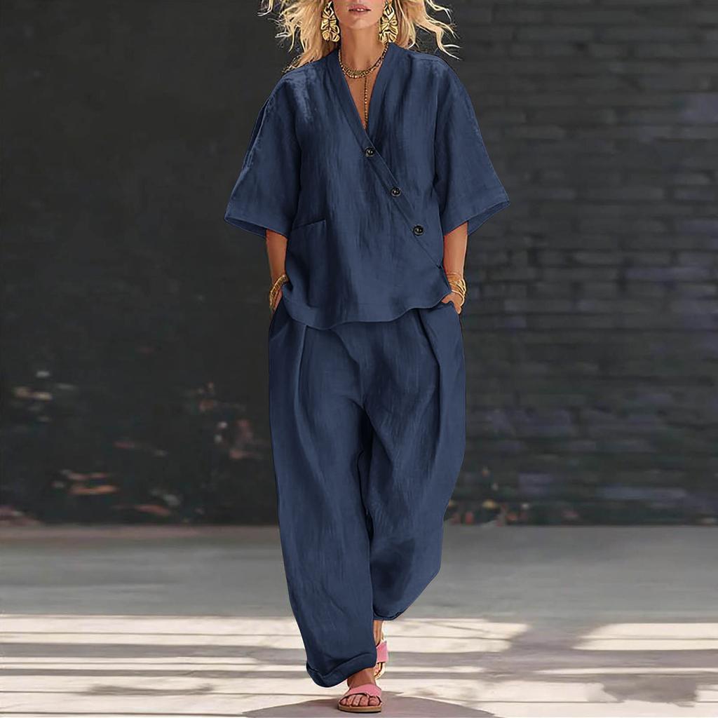 Women’s V Neck Loose Fit Short Sleeve Top and High Waist Long Pants Two Piece Set Casual Relaxed Style Outfit for Everyday Wear