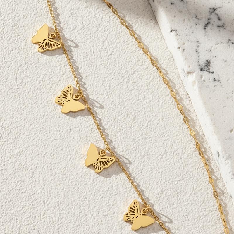 Stainless Steel Hollow Butterfly Pendant Anklet for Women Simple Gold Insect Double-Layer Foot Chain Beach Jewelry