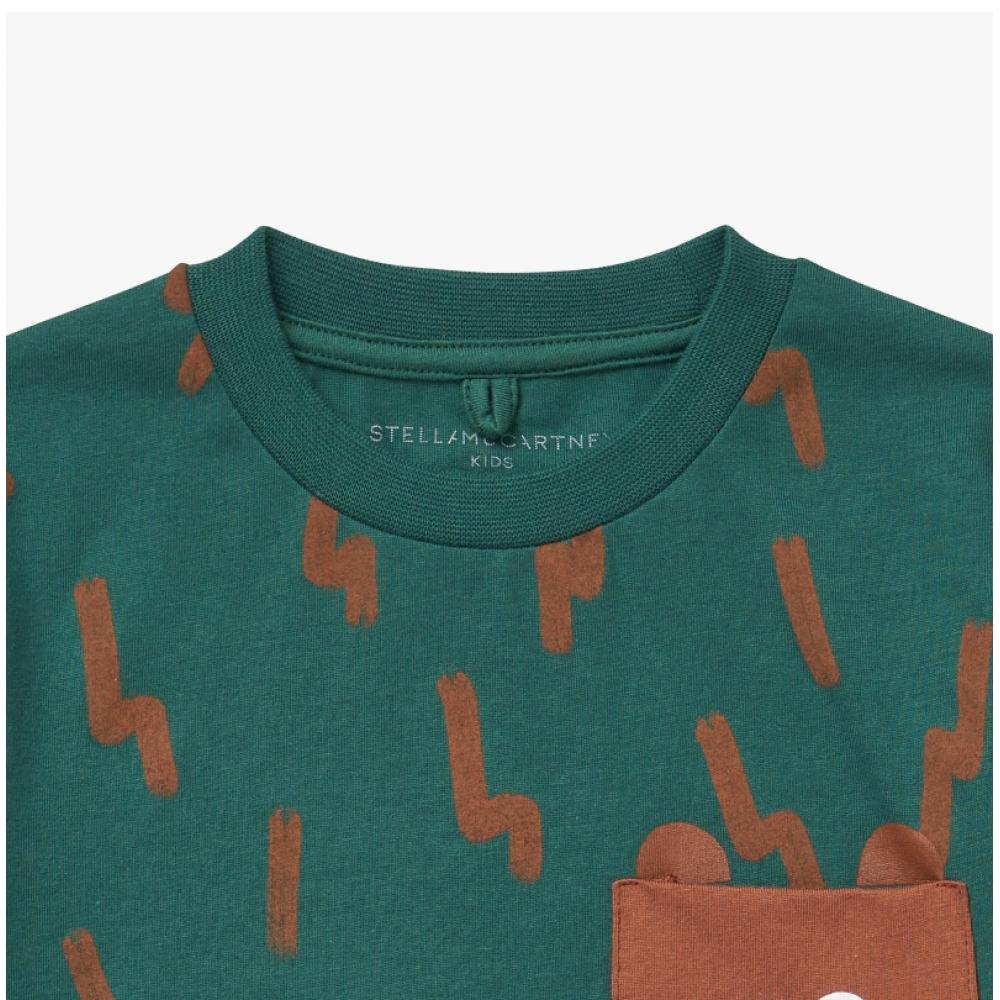 Stella Mccartney Tt8p71 Z1394 719ma Lightning Bolt Print Teddy Bear Chest Pocket Kids Short Sleeve Tee