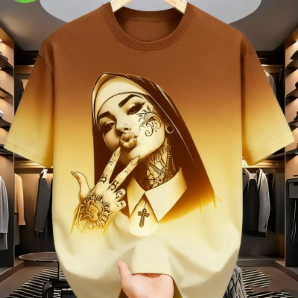 Sommer Mode Bunte Tätowierte Nonne Grafikdruck Damen T-Shirt Sommer Lässig Locker Kurze Ärmel Herren und Damen T-Shirts Oberteil