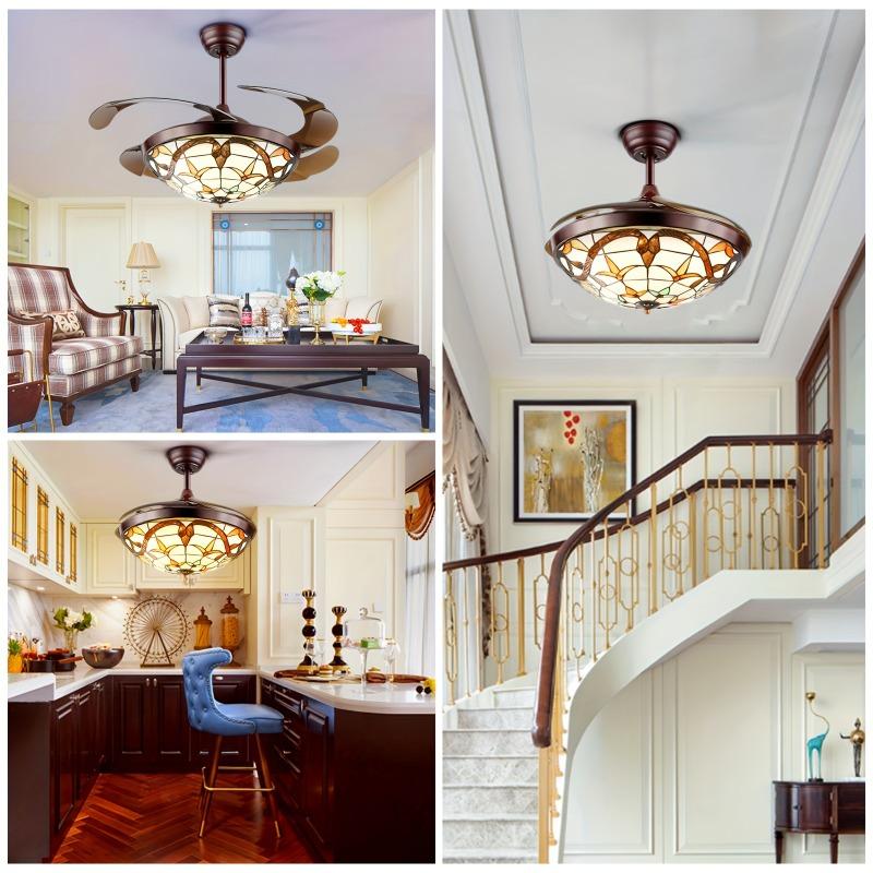 42-inch Retractable Ceiling Fan with Lamp and Remote Control Double-sided Chandelier Style